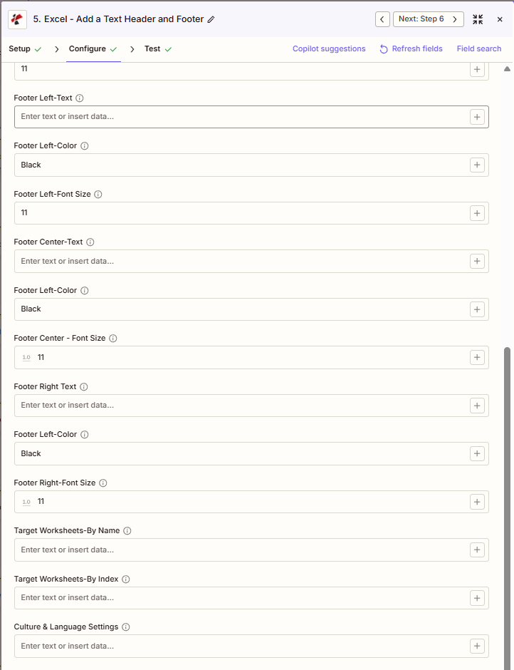 PDF4me Excel 添加文本页眉页脚 Zapier 配置第 2 部分 - 页脚左/居中/右对齐文本、颜色、字体大小、目标工作表、区域设置